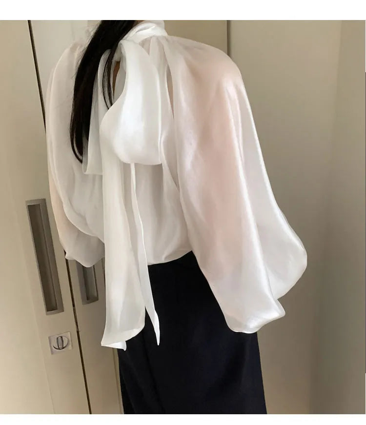 Designer Fashion Long Lantern Sleeve Women Blouses Bowknot Silky Summer Spring France Chic Shirts Blusas Aiertu