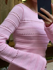 Hollow Out Bodycon Knit Dress Female Patchwork Solid High Waist Long Sleeve Fashion Knitwear Party Dress Gown Streetwear Aiertu