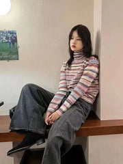 French High Collar Sweater Rainbow Stripe Pullovers Age Reduction Vintage O Neck Knitwears Korean Fashion Sueter Mujer Aiertu