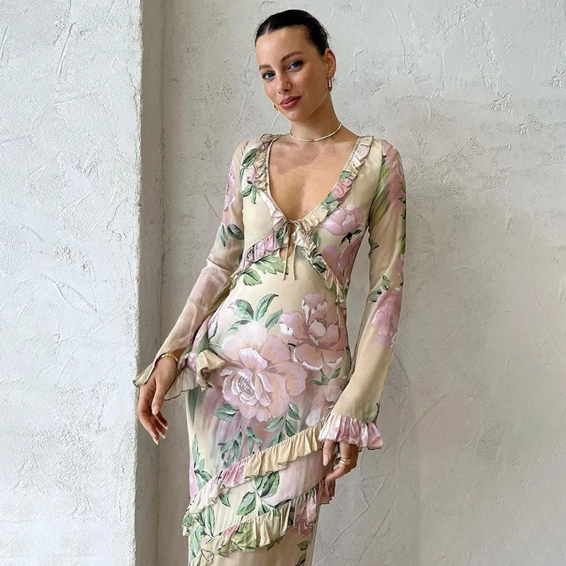 Elegant V Neck Floral Print Long Sleeve Ruffles Maxi Dress For Women  Sexy Bodycon Beach Holiday Long Dresses