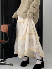 Korean Lace Long Skirt Women Vintage Cute High Waist Loose Fairycore Tassel Patchwork A-Line Midi Skirt Mori Girl Autumn