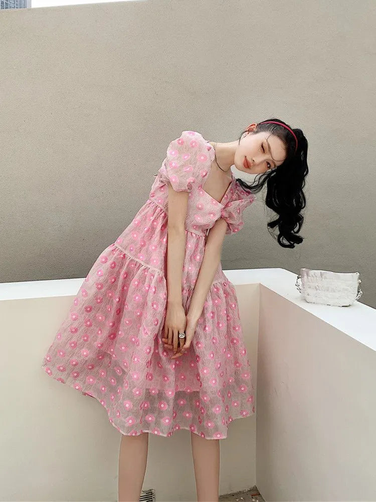 Summer Pink Elegant Sweet Dress Women Kawaii Casual Korean Princess Dress Female Princess Beach Fairy Dress Aiertu