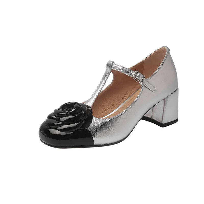 Elegant brand new T-strap mary janes shoes for woman Cow leather Fashion high Heels Party floral pumps silver Aiertu