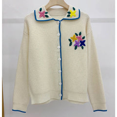 Women Wool Floral Embroidered·Lapel-collar Vintage Cardigan Korean Dongdaemun Autumn/Winter New in Classic Retro Knit Top Aiertu