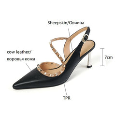 Aiertu NEW Summer/Spring Women Shoes Pointed Toe Thin Heel Sandals Rivet High Heels Concise Genuine Leather Shoes Dress Shoes for Women Aiertu