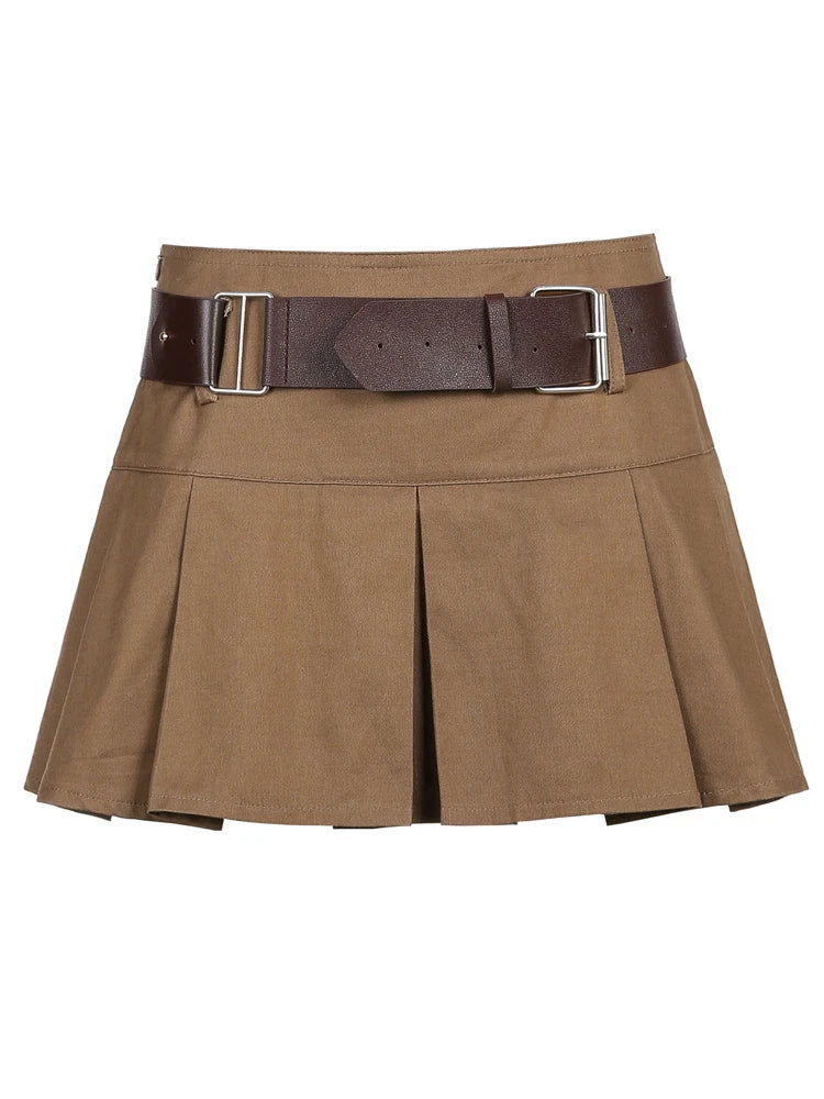 Casual Brown Pleated Mini Skirt Ladies High Waisted Short Skirts Womens with Belt Korean Fashion 90s Summer Street