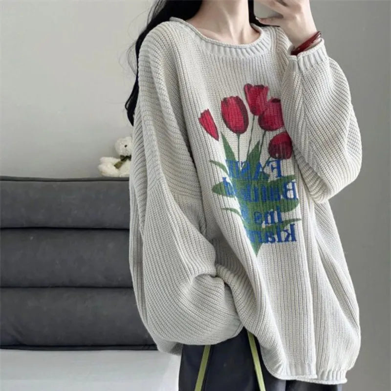 Deeptown Retro Knitted Sweater Women Harajuku Vintage Floral Print Jumper Loose Casual Long Sleeve O-neck Tops Y2K Clothes Sweet Aiertu