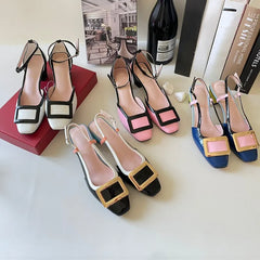 New Square Buckle Closed Toe Sandals Chunky Heel Patent Leather Color-Matching Sandals Mid Heel Ankle-Strap Shoes Aiertu