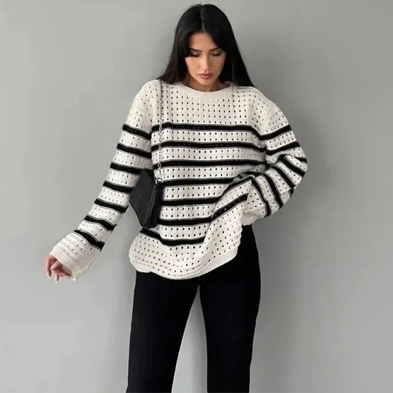 Black and White Striped Sweater Woman Hollow Out Knitted Jumper Oversized Sweater Autumn Winter Pullover Knitwear Aiertu