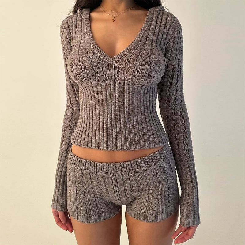 90s Vintage Zipper Cardigans Hooded Outfits Cottage Kink Knitted 2 Piece Set Women Cropped Sweater Pullovers  + Slim Fit Shorts Aiertu