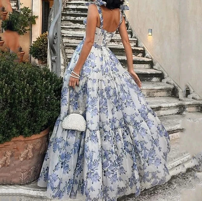 Aiertu Women's French Fashion Floral Sleeveless Swing Dress Temperament Lace Up Pastoral Woman Elegant High Waist Dresses Aiertu