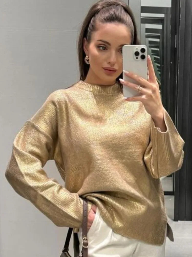 Gold Color O Neck Sweaters Women Fashion Long Sleeve Bright Silk Knit Pullover Female Autumn Elegant Office Ladies Loose Jumpers Aiertu