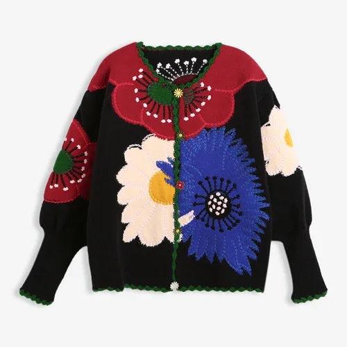Vintage Flower Embroidery Knitted Top High Quality Women Fashion Cardigan Autumn/Winter New in Chic Sweater Coat Christmas New Year Aiertu
