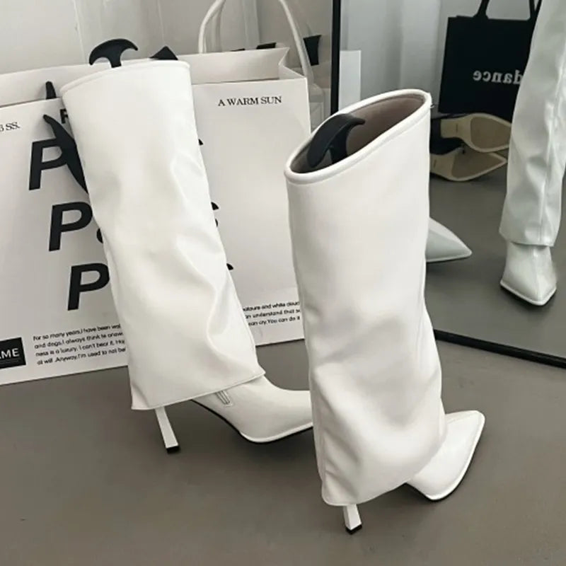 Party Modern Ladies Knee High Boots Pointed Toe  Fashion Pleated Western Women Long Boots Shoes Female Pumps Heels Shoes Aiertu