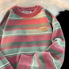 Retro Women Sweaters Winter Streetwear New Warm Knitted Tops Harajuku Hip Hop Loose Stripes Pullovers Couple Sweater Women Aiertu