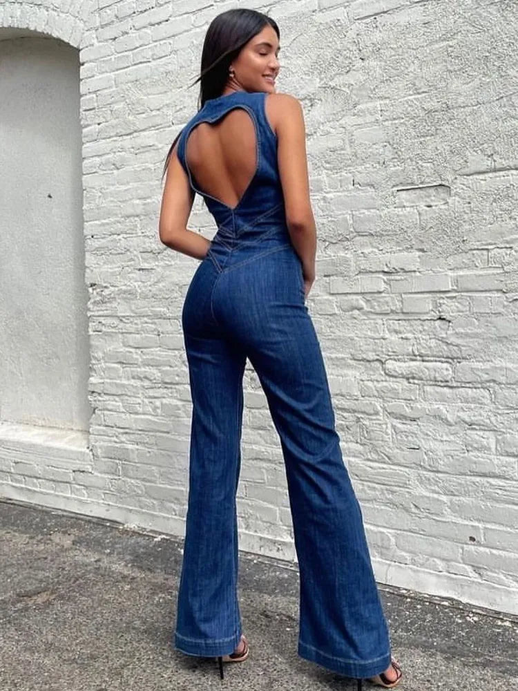 Backless Heart Cutout Bodycon Jumpsuit For Women Casual Sleeveless Slim One-Piece Outfits Retro Denim Jumpsuits New Aiertu