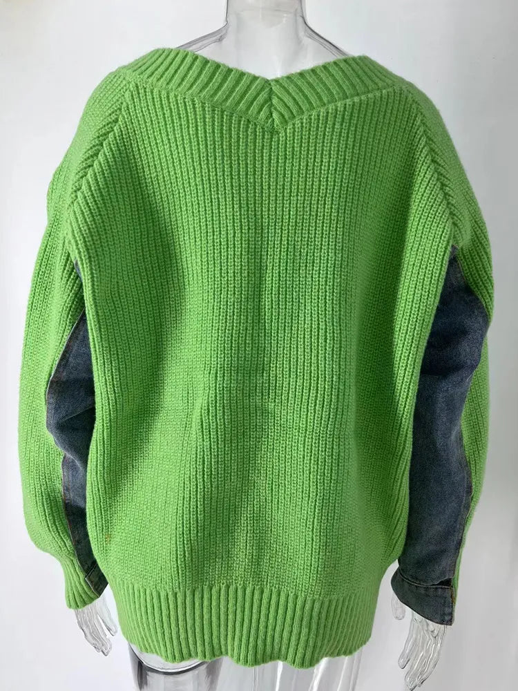 Joskaa Denim Patchwork Knit Sweater Cardigans Women V-Neck Full Sleeve Button Up Oversized Jacket Coat Fall  Streetwear Aiertu