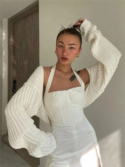 White Women Sweater Shrugs Cropped Top Full Lantern Sleeve Knitwear Pullover Sexy Summer High Street Outwear Spring Aiertu