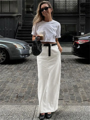 White Fashion High Waist Maxi Skirt Female Split Solid Pocket Streetwear Patchwork Casual Long Skirt For Women Maxi Skirt Aiertu
