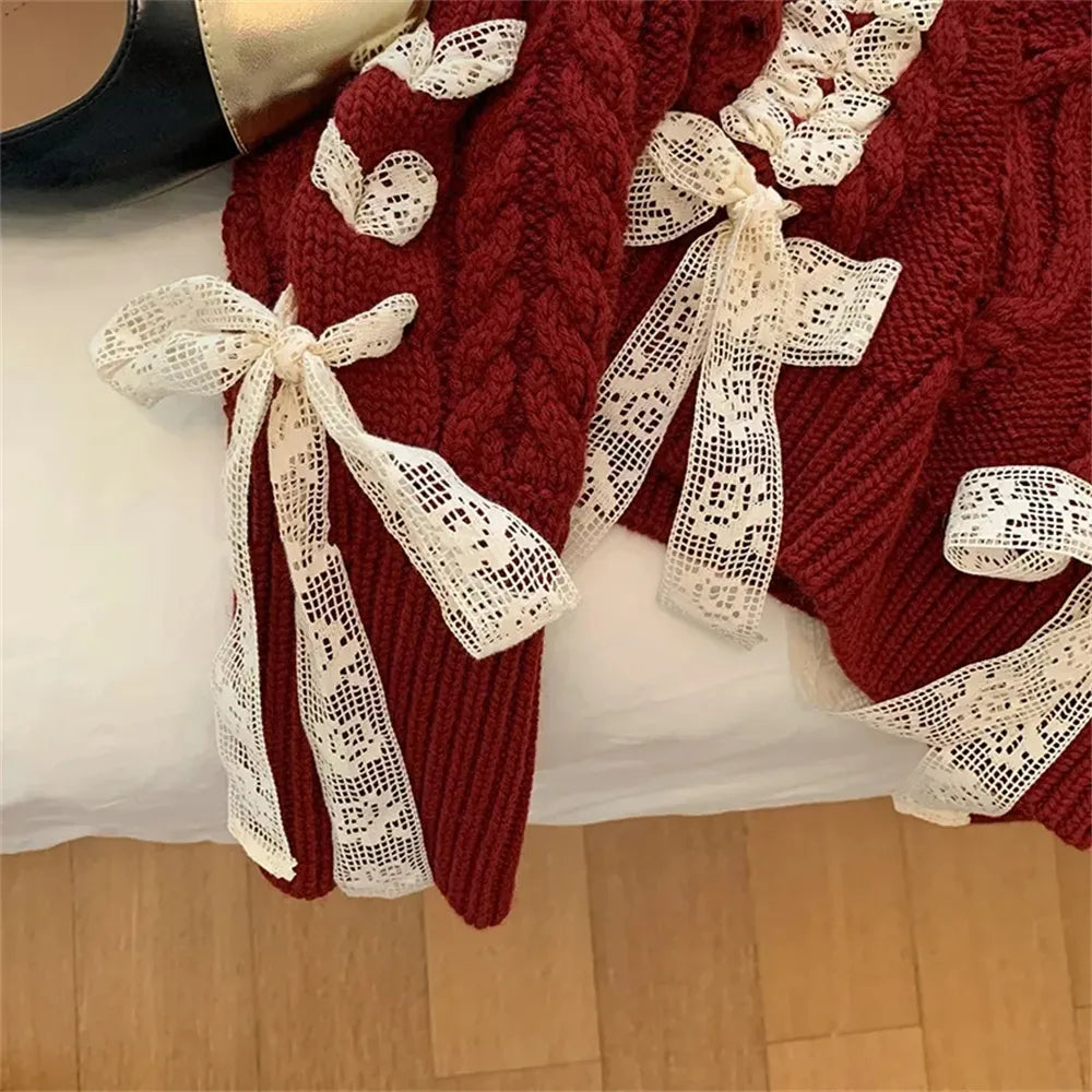 Cute girl red Fried Dough Twists ribbon sweater Autumn/Winter New Christmas Sweet Bow Knit Top Women's Korean Fashion Sweat New Year Aiertu