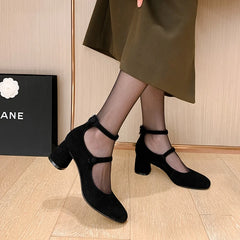 Aiertu Spring Women Pumps Split Leather Shoes for Women Round Toe Chunky Heel Shoes Retro Round Heel Mary Janes Solid Black Shoes Aiertu