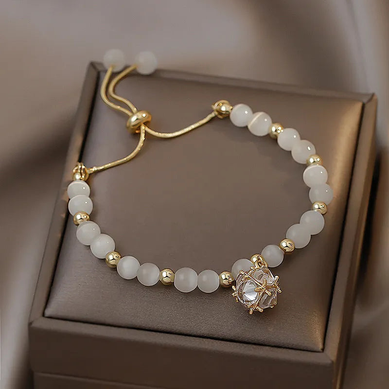 Korean White Opal Stone Pearl Bracelets for Women Luxury Exquisite Crystal Adjustable Cuff Bracelet Wedding Jewelry Party Gift