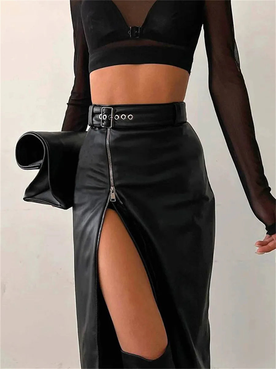Black PU Leather High Waist Pencil Skirts Vintage Grunge Women Streetwear Zipper High Split Bodycon Midi Skirt with Belt