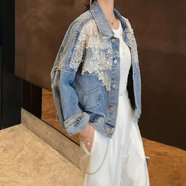 Chic Diamond-studded Denim Jacket Loose Lace Mesh Stitching Sequined Bomber Jeans Coat Hollow Beaded Cardigan Thin Tops Chaqueta Aiertu