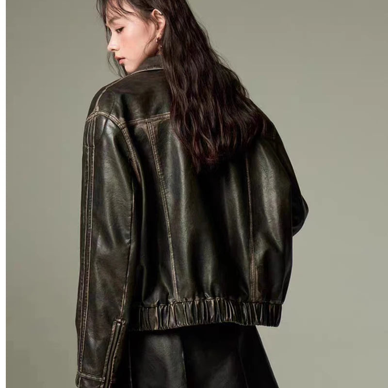 Leather jackets Bow embroidery black bomber women racing winter Korean fashion Jacket vintage Outerwear coats outwear y2k