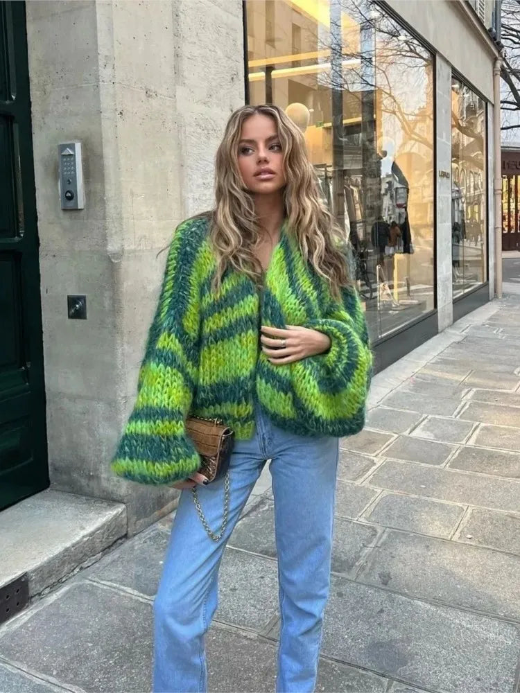 Green Stripe Crochet Knitted Cardigan Sweater Women's Lantern Sleeve Oversize Cardigan Coat Autumn Fashion Lady Streetwear Aiertu