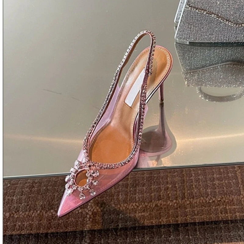 Spring and summer new European and American pointed high heels transparent rhinestone fashion sandals Aiertu