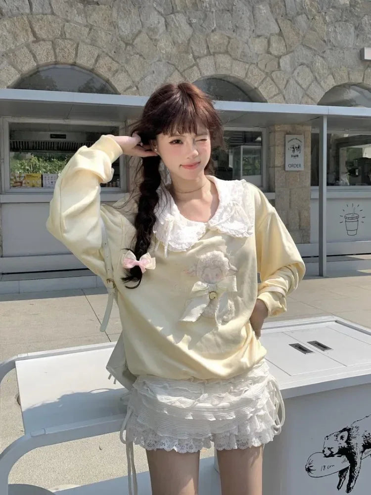 Deeptown Kawaii Cute Japanese Yellow Sweatshirts Women Egirl Cartoon Bow Long Sleeve Pullover Korean Style Oversize Loose Tops Aiertu