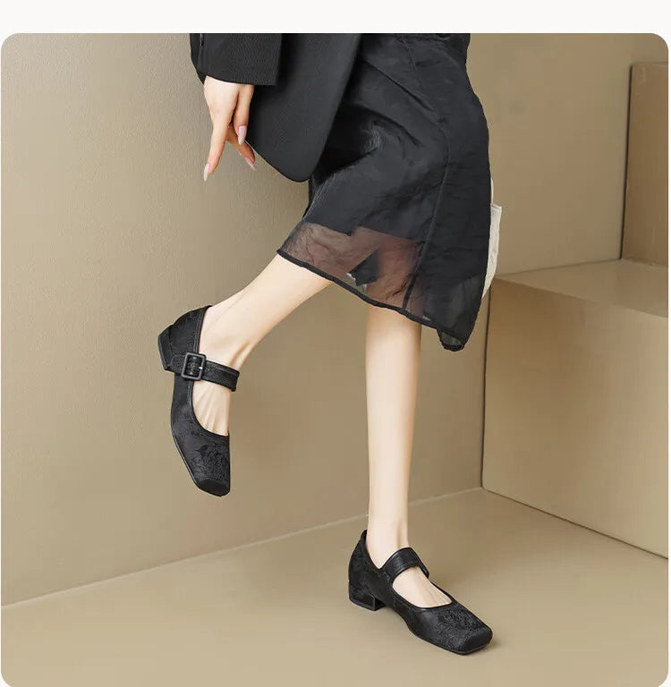 Aiertu NEW Spring/Autumn Women Pumps Square Toe Chunky Heel Shoes Satin Shoes for Women Elegant Low Heel Buckle Black Mary Jane Shoes Aiertu