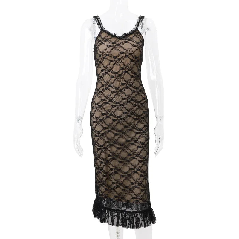 Lace Patchwork Mesh Spaghetti Strap Sleeveless Midi Dress Ladies Elegant Party Clubwear Backless Slim Evening Dress Aiertu