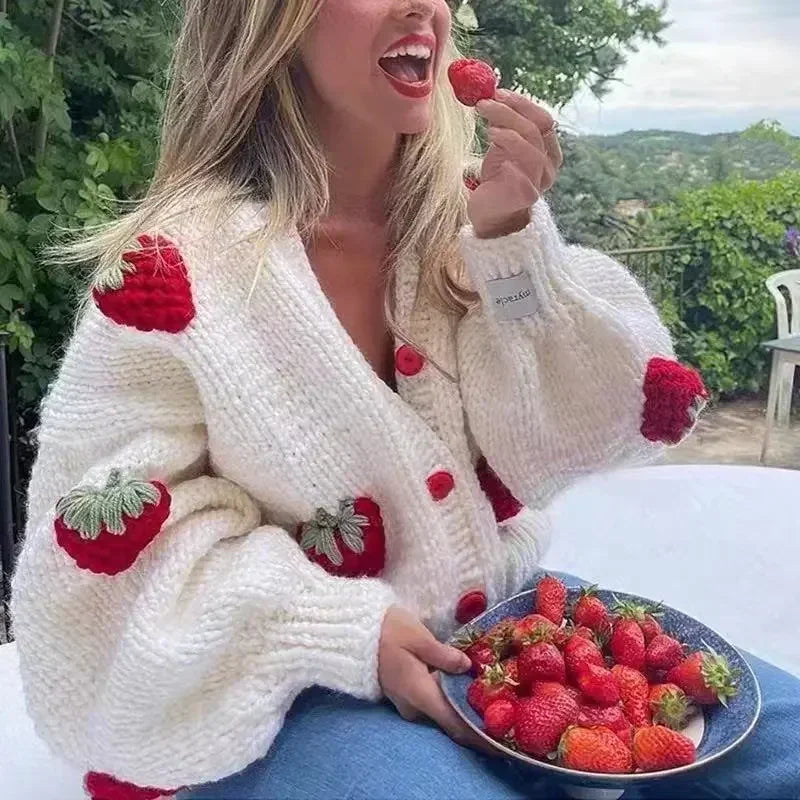 Black Friday Autumn Sweet Embroidery Strawberry V-neck Knitted Cardigan Winter Clothes Women Sweaters Coat Vintage Long Sleeve Sweater 28541 Aiertu