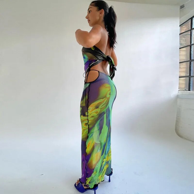 Women Fashion Mesh Strapless Print Bandage Sexy Crop Tube Top Maxi Skirt 2 Pcs Sets  Summer Beach Vacation Outfit Aiertu