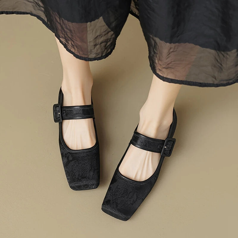 Aiertu NEW Spring/Autumn Women Pumps Square Toe Chunky Heel Shoes Satin Shoes for Women Elegant Low Heel Buckle Black Mary Jane Shoes Aiertu