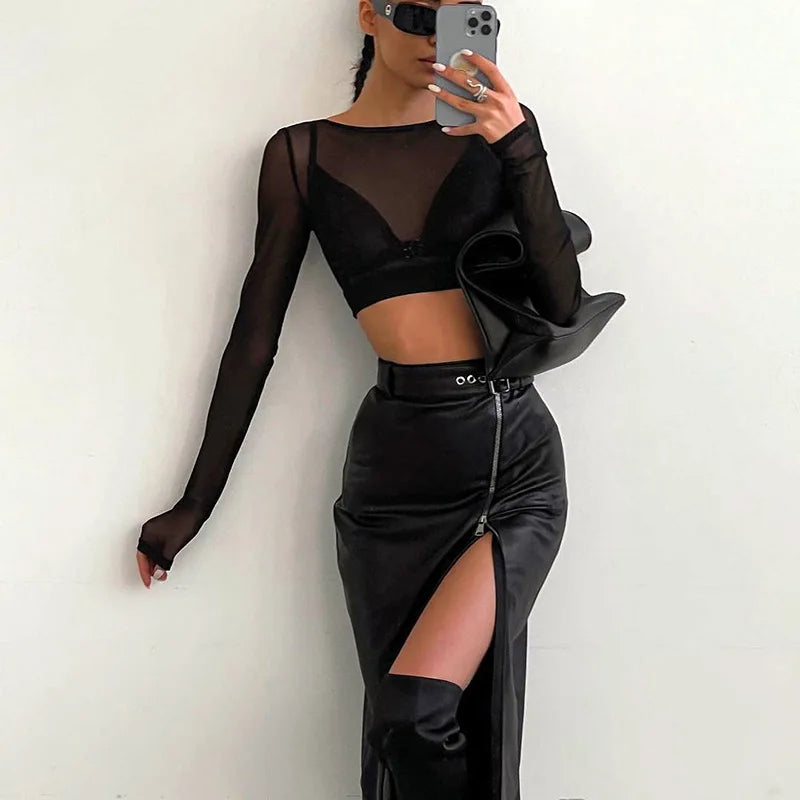 Black PU Leather High Waist Pencil Skirts Vintage Grunge Women Streetwear Zipper High Split Bodycon Midi Skirt with Belt