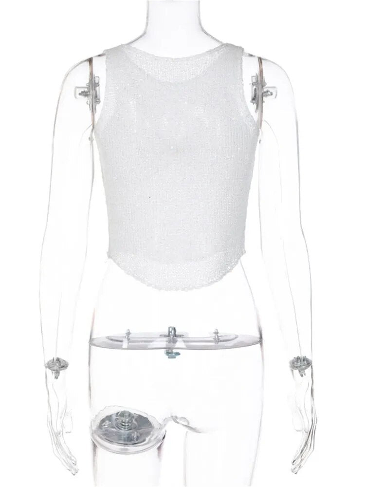 Sequin Mesh See-Through Vest Cute Sleeveless For Women Crop top Glitter Fashion Casual Streetwear Hollow Out Slim Tank Top Aiertu
