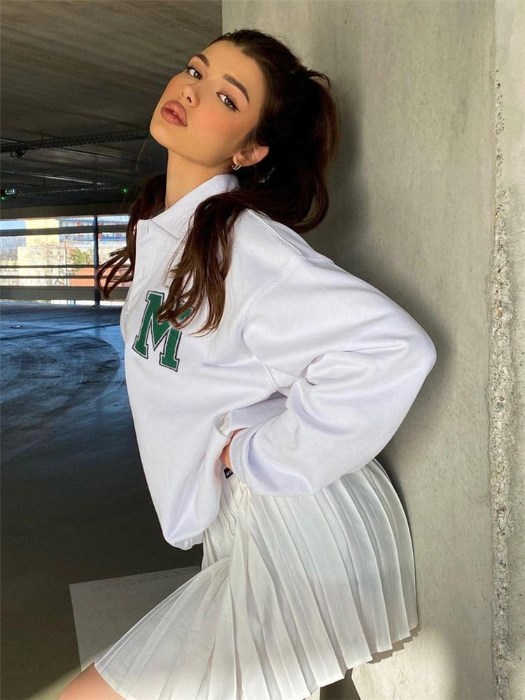 Harajuku White Oversized Sweatshirt Women Korean Fashion Button Turn-down Collar Pullovers Loose Cute Top Clothes Iamhotty Aiertu