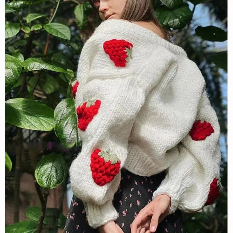 Black Friday Autumn Sweet Embroidery Strawberry V-neck Knitted Cardigan Winter Clothes Women Sweaters Coat Vintage Long Sleeve Sweater 28541 Aiertu