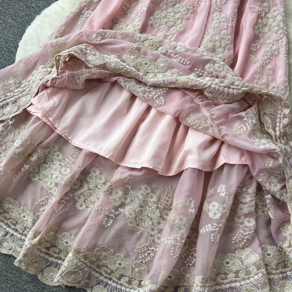 Aiertu  High Quality Lace Embroidery Long Dress Women Short Sleeves Mesh A Line Sundress French Vintage Floral Midi Dress Aiertu