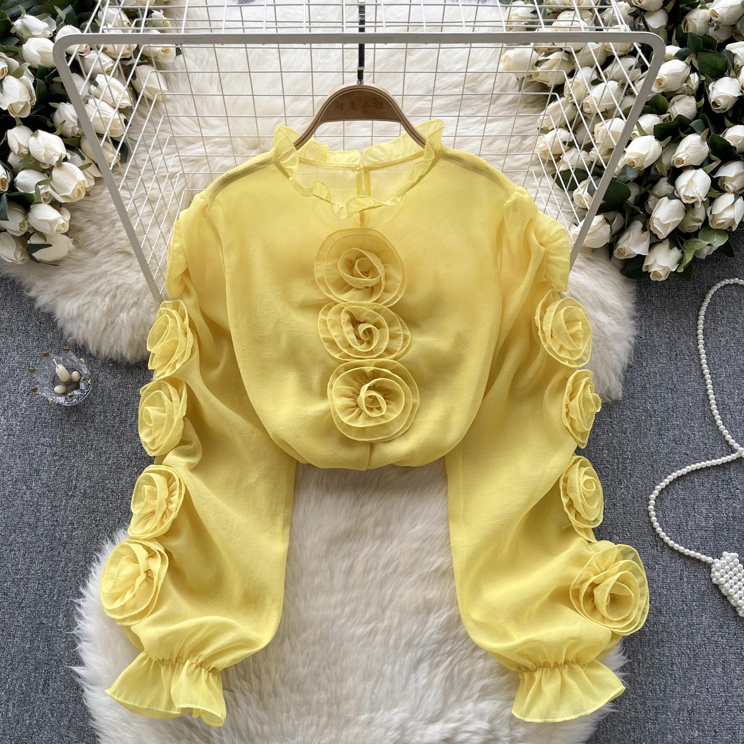Aiertu  High Quality Organza Women Blouse Ruffles Neck Long Sleeves Loose Sweet Top Korean Style 3D Floral Sheer Shirt Aiertu