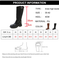 Fashion Belt Buckle Gothic Boots for Women Brown Thick Heels Knee High Combat Boots Woman Plus Size 42 Punk Long Botas Female Aiertu