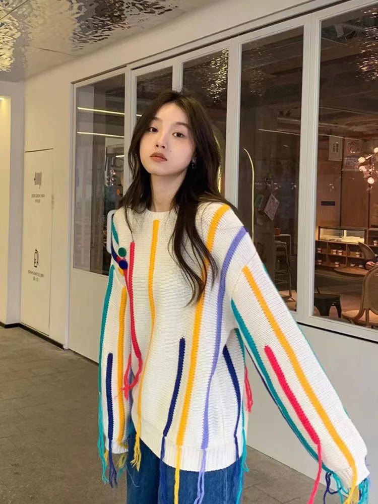 Rainbow Striped Sweater Women Pullovers Fall Winter New O Neck Long Sleeve Knit Tops Korean Chic Warm Tassel Jumpers Aiertu