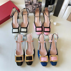 New Square Buckle Closed Toe Sandals Chunky Heel Patent Leather Color-Matching Sandals Mid Heel Ankle-Strap Shoes Aiertu