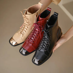 New Autumn winter Women ankle boots natural leather 22-25cm cowhide upper modern boots lace up metal toe short boots Aiertu