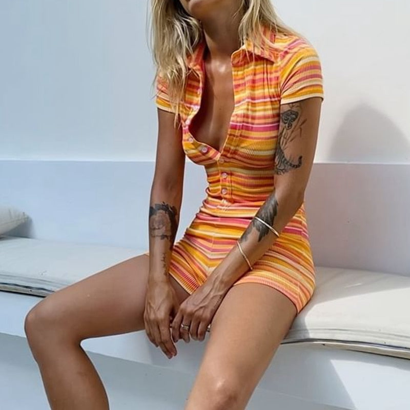 Women Overalls Workout Jumpsuit Female Summer Outfits Striped Casual Playsuit Button Up Short Sleeve Skinny Rompers Hot Aiertu