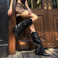 New Pointed Toe Chunky Heel Low Heel Knee Length Ladies Western Boots Folding Boots Rivet Decoration Retro Classic Women's Shoes Aiertu