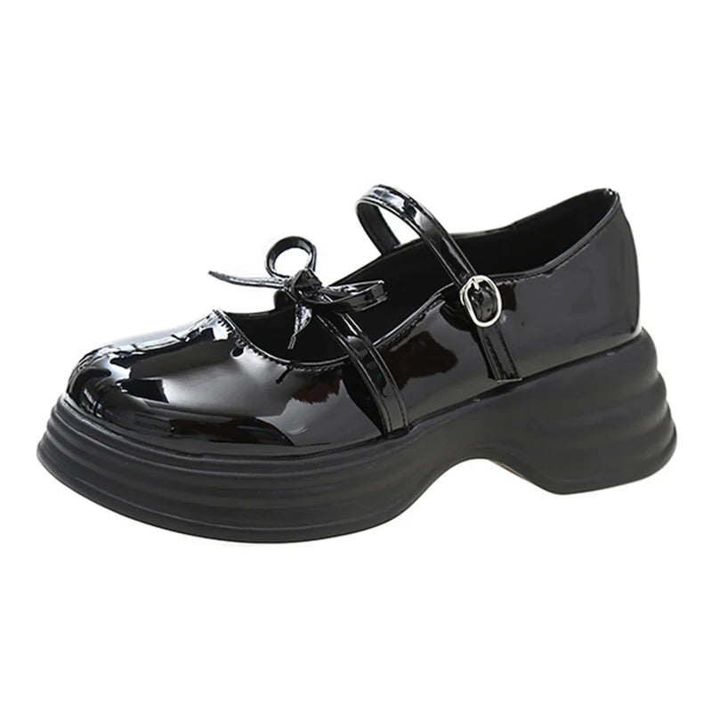 Aiertu Black Chunky Platform Mary Jane Shoes for Women  Autumn Patent Leather Pumps Woman Thick Bottom Bowknot Lolita Shoes Ladies Aiertu